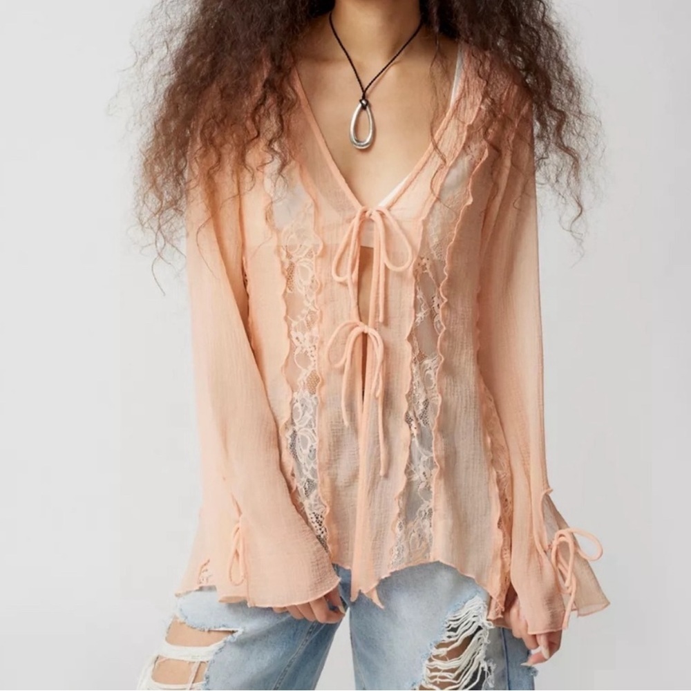 Offers open! Urban Outfitters medium Peach Lace Tie Peasant Blouse cardigan lace